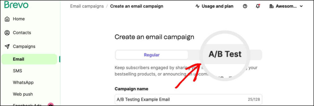 Brevo's "Create an email campaign" page in their dashboard. It shows tabes for creating a "Regular" or "A/B Test" email campaign.