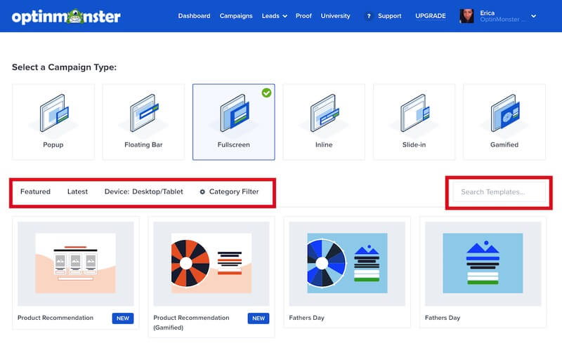 Filter and search from available Fullscreen campaign templates.