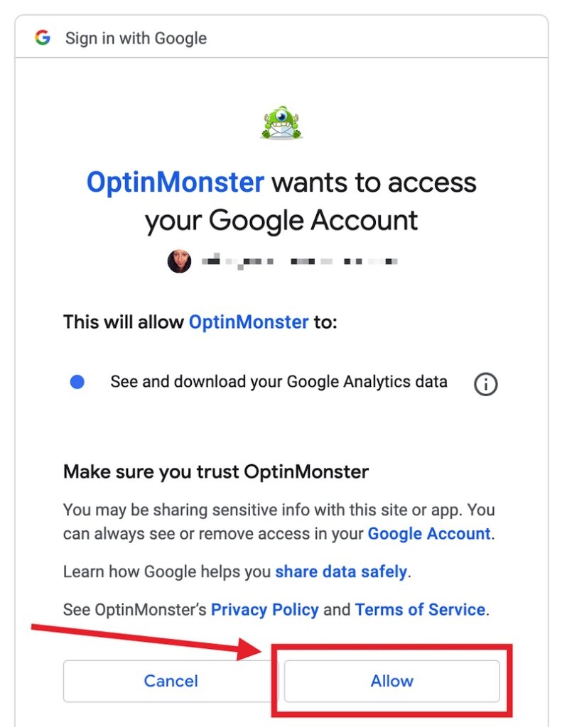 Grant permission for Google Analytics to connect with OptinMonster.