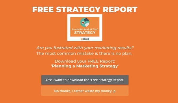 Inbound Marketing email popup. It offers a free downloadable report called "Planning a Marketing Strategy."