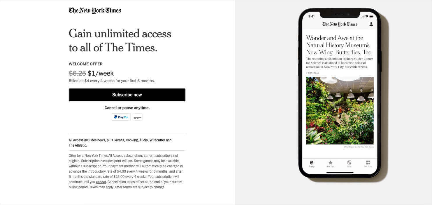 new-york-times-pricing-welcome-offer - OptinMonster New York Times welcome price, offering full access for alt=
