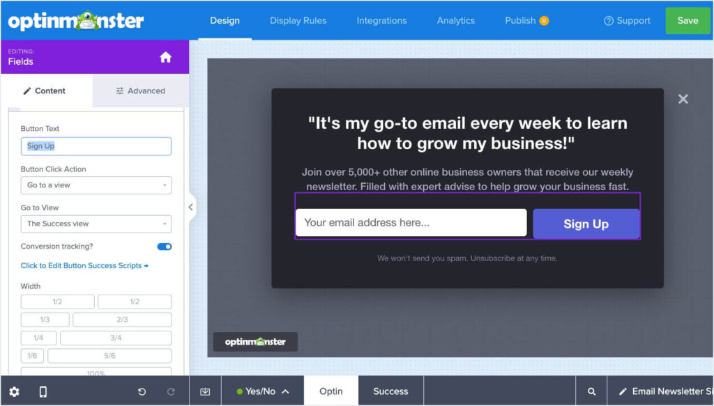 A popup campaign being edited in the CRO tool OptinMonster's drag-and-drop builder.