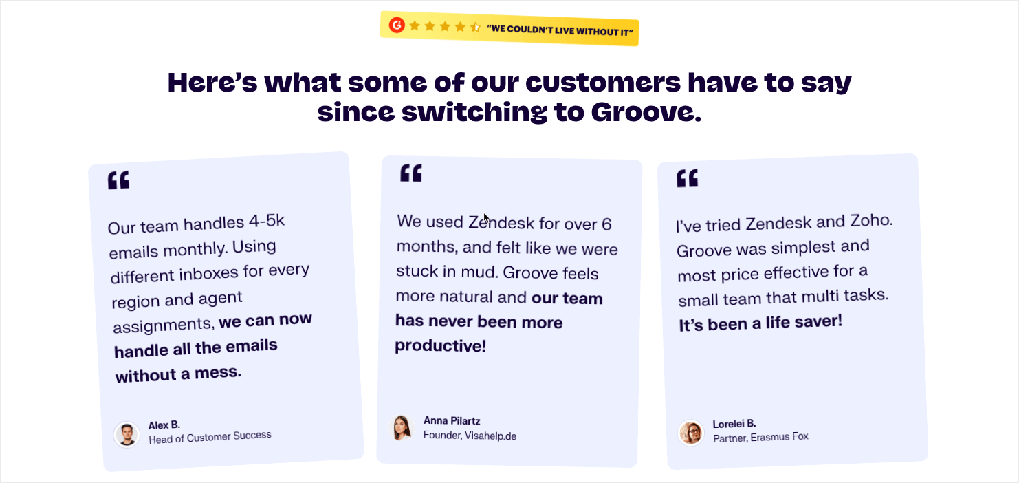 groove-pricing-page-social-proof - OptinMonster A large section on Groove's pricing page that features 3 customer review quotes.