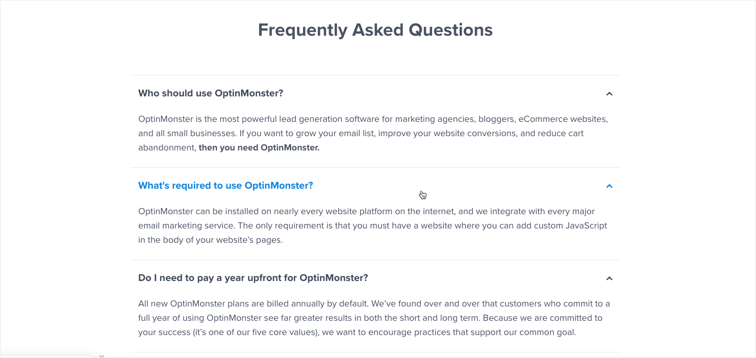 optinmonster-pricing-page-FAQ - OptinMonster FAQ section on OptinMonster's pricing page