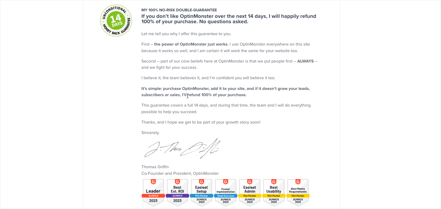optinmonster-pricing-page-money-back-guarantee - OptinMonster OptinMonster pricing page: More details about our money-back guarantee. Plus badges showing awards that OptinMonster has received.
